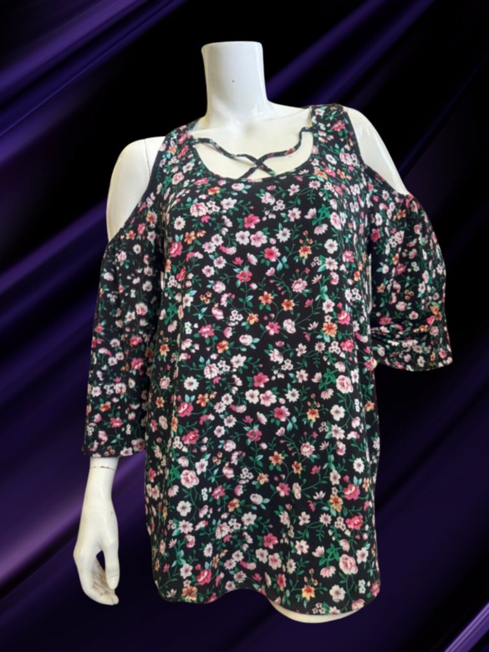 Emily Stacy Floral Cold-Shoulder Blouse | Women's Plus Size 1XL | Boho Top